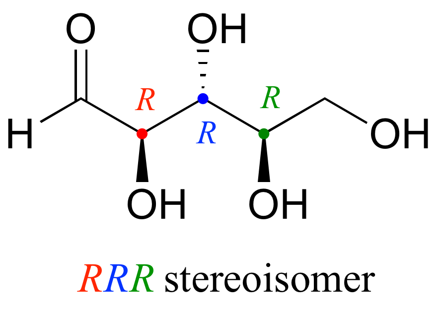 Estereoisómero con tres centros quirales (cada centro quiral tiene un grupo O H). Todos los centros quirales están en configuración R. El centro uno y tres tienen el grupo O H en la cuña, el centro dos tiene el grupo O H en los guiones.