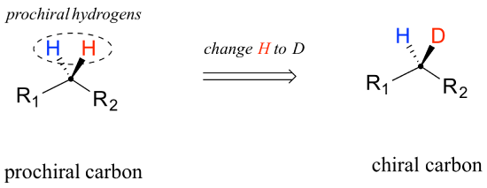Prochiral carbon attached to two R groups and two hydrogens (blue dashed and red wedged). Text: prochiral hydrogens. Change the red H to D to form a chiral carbon.
