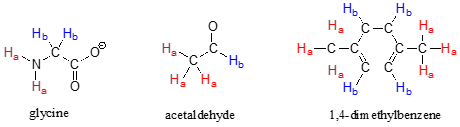 De izquierda a derecha: moléculas de glicina, acetaldehído y 1,4-dimetilbenceno con hidrógenos escritos. H a en rojo y H b en azul.