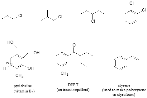 Fila superior: varias moléculas con átomos de cloro. Abajo a la izquierda: molécula de piridoxina (vitamina B 6). Medio inferior: molécula DEET (un repelente de insectos). Abajo a la derecha: molécula de estireno (utilizada para hacer poliestireno en espuma de poliestireno).