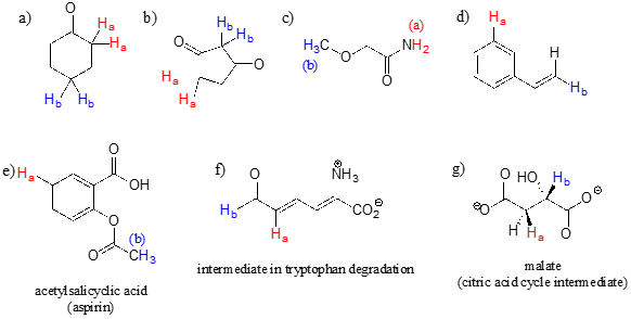 7 moléculas etiquetadas de A a G. H A en rojo y H B en azul. Texto para E: ácido acetilsalicílico (aspirina). Texto para F: intermedio en degradación de triptófano. Texto para G: Malato (intermedio del ciclo del ácido cítrico).