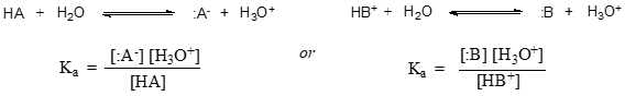 Ka is equal to the concentration of the concentration of the conjuate acid multiplied by the concentration of H3O plus which is then divided by the concentration of the acid. Ka can also be found but multiplying the concentration of the base to the concentration of H2O plus then dividing by the concentration of the base. 