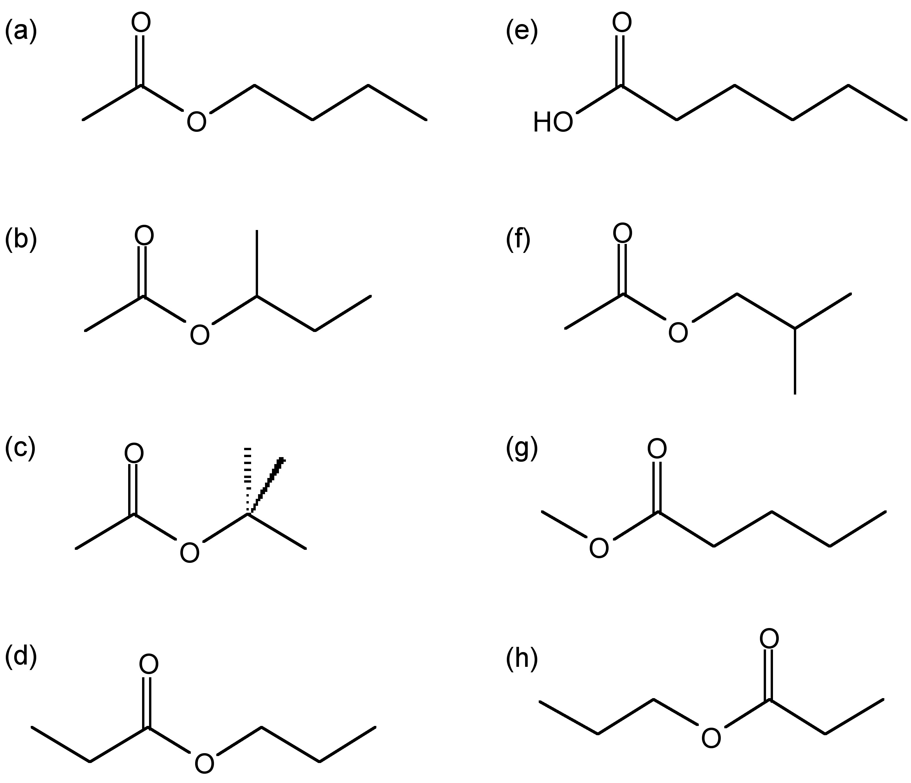 Structure of possible compounds with the molecular formula C6H12O2: (a) butylacetate, (b) sec-butyl acetate, (c) tert-butyl acetate, (d) ethyl butyrate, (e) haxanoic acid, (f) isobutyl acetate, (g) methyl pentanoate, and (h) propyl proponoate.