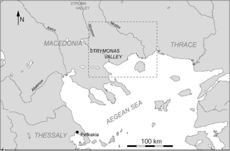 Mapa del valle de Strymonas en el norte de Grecia