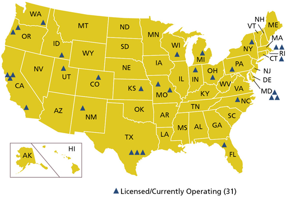 Mapa de reactores nucleares de investigación y prueba de Estados Unidos