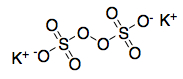 Representación estructural de la sal persulfato, en este caso sal potásica. Rotura del enlace oxígeno-oxígeno responsable de la oxidación inducida por radicales