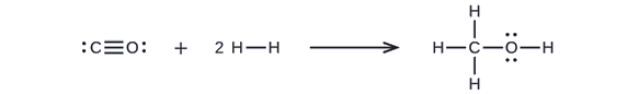 A set of Lewis diagrams show a chemical reaction. The first structure shows a carbon atom with a lone pair of electrons triple bonded to an oxygen with a lone pair of electrons. To the right of this structure is a plus sign, then the number 2 followed by a hydrogen atom single bonded to a hydrogen atom. To the right of this structure is a right-facing arrow followed by a hydrogen atom single bonded to a carbon atom that is single bonded to two hydrogen atoms and an oxygen atom with two lone pairs of electrons. The oxygen atom is also single bonded to a hydrogen atom.