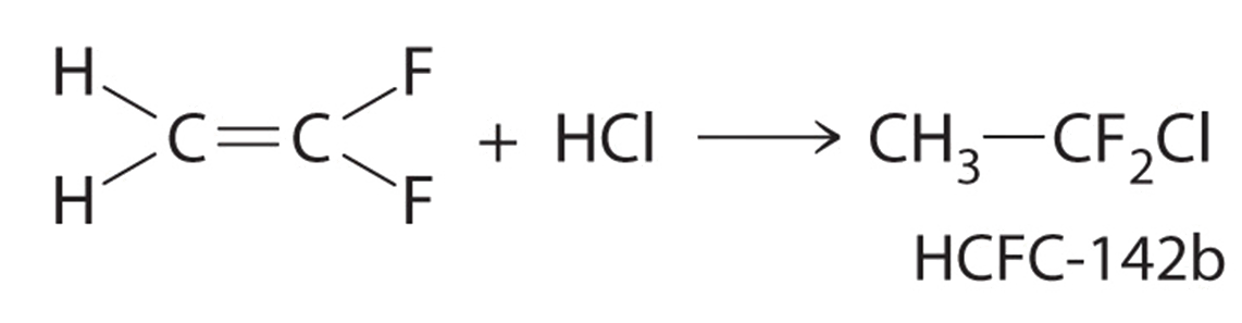 1,1-difuoroethylene reacts with H C L to product H C F C - 1 4 2 b, and C H 3 C F 2 C l.