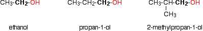 Condensed formulas of ethanol, proan-1-ol, and 2-methylpropan-1-ol with the hydroxide group highlighted in red. 