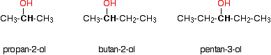 Condensed formulas of propan-2-ol, butan-2-ol, and pentan-3-ol with the hydroxide group highlighted in red. 