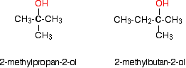 Structures of 2-methylpropan-2-ol (C(CH3)3OH) and 2-methylbutan-2-ol (CH3CH2C(CH3)2OH)