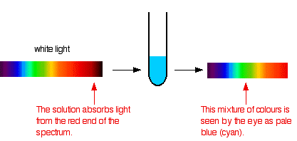 Diagram of white light passing through a solution in a test tube. Text below the white light reads "The solution absorbs light from the red end of the spectrum." On the opposite side of the test tube, text reads "this mixture of colors is seen by the eye as pale blue (cyan)."