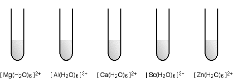 Ions are [Mg(H2O)6] two plus, [Al(H2O)6] three plus, [Ca(H2O)6] two plus, [Sc(H2O)6] three plus, and [Zn(H2O)6] two plus