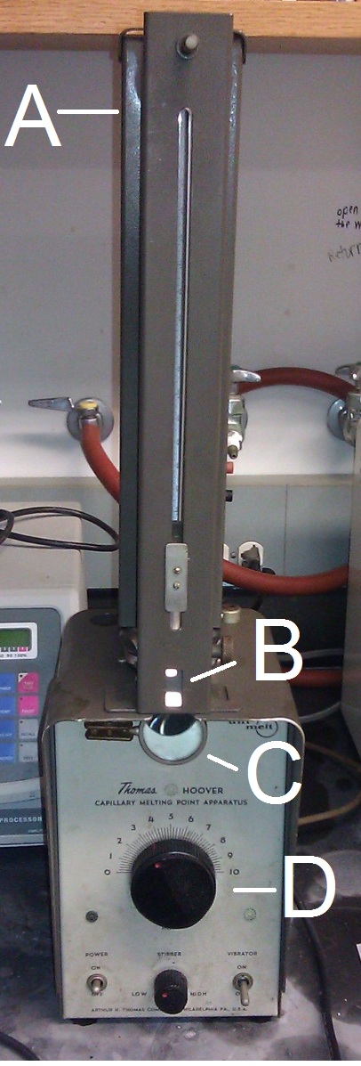 Un aparato de punto de fusión de Thomas Hoover. La torre (A) contiene un termómetro con una vista reflectante (B), de manera que la muestra y la temperatura pueden ser monitoreadas simultáneamente. La lente de aumento (C) permite una mejor visualización de las muestras y se encuentra por encima del controlador de calor (D)