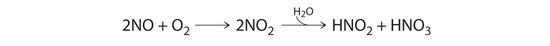 2 NO and O2 form 2 NO2 which reacts with water to produce HNO2 and HNO3. 
