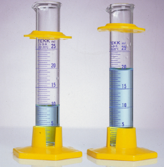 The graduated with cylinder with twice the moles as the other cylinder has twice the height.