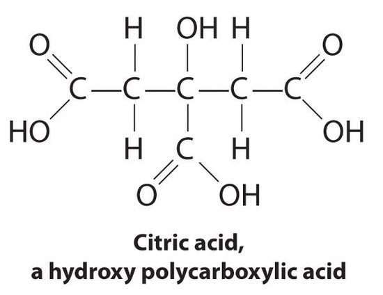 Structure formula drawing of citric acid, a hydroxy polycarboxylic acid.