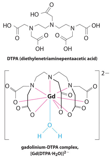 Molecular structure of DTPA as well as gadolinium-DTPA complex below it. 