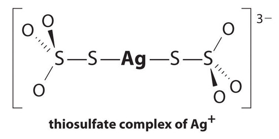 Structure formula of a thiosulfate complex of silver with a plus one charge.