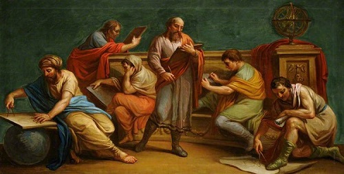 Painting of ancient Greek philosophers studying the world and reading.