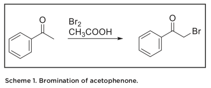 La acetofenona se puede bromar cuando se hace reaccionar con bromo en presencia de ácido acético.