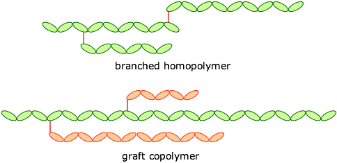 Un homopolímero ramificado tiene ramificaciones compuestas por monómeros similares mientras que un copolímero de injerto tiene ramificaciones que están compuestas por otros monómeros.