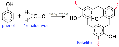 Phenol reacts with formaldehyde through many steps to form Bakelite.