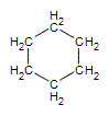 Cyclohexane depicted as a hexagon with CH2 at each point of the hexagon.