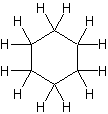 Cyclohexane depicted as a hexagon without carbons written in and two hydrogens coming off of each point.