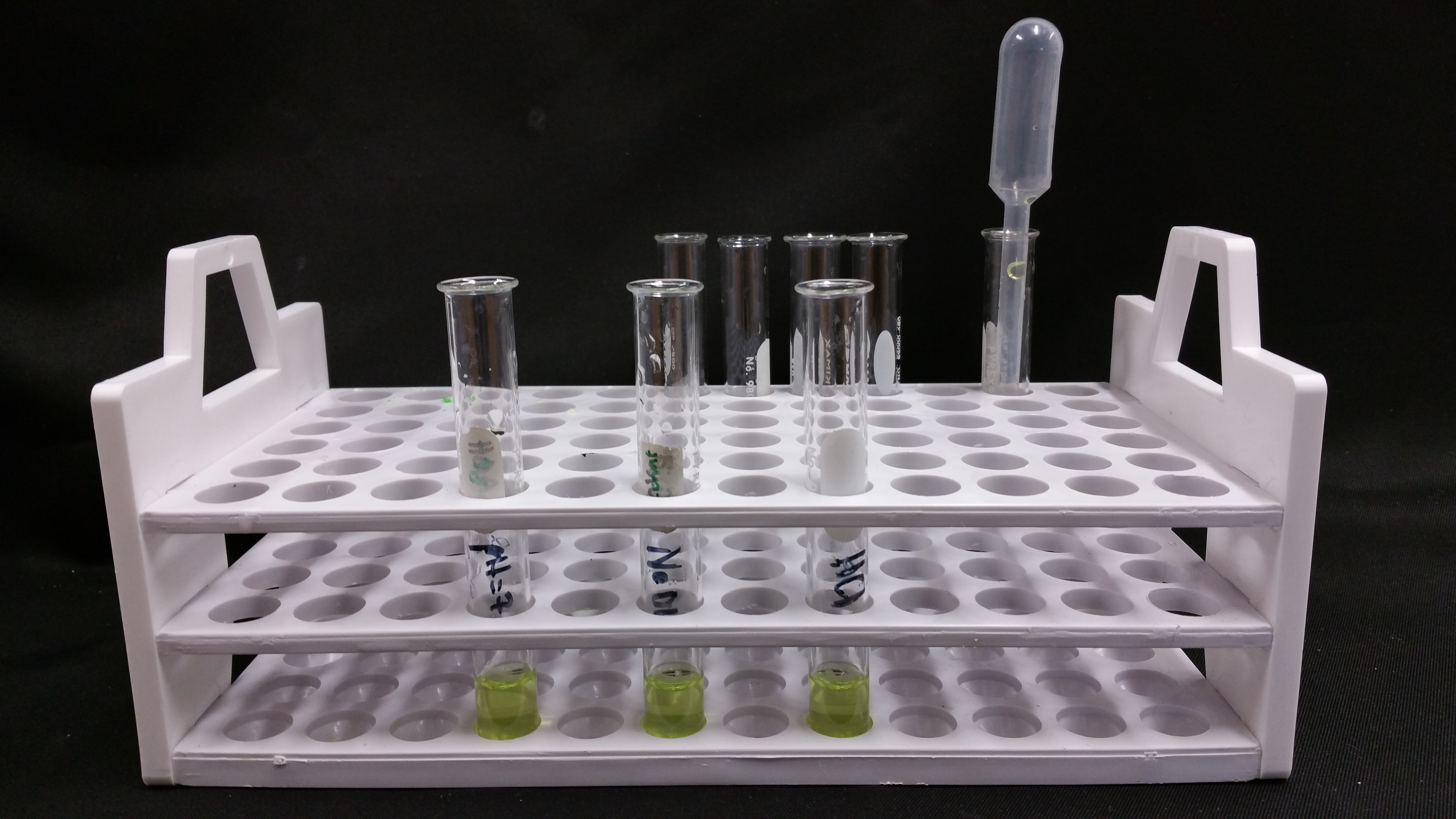 Test tube rack with multiple test tubes showing different reaction products. 