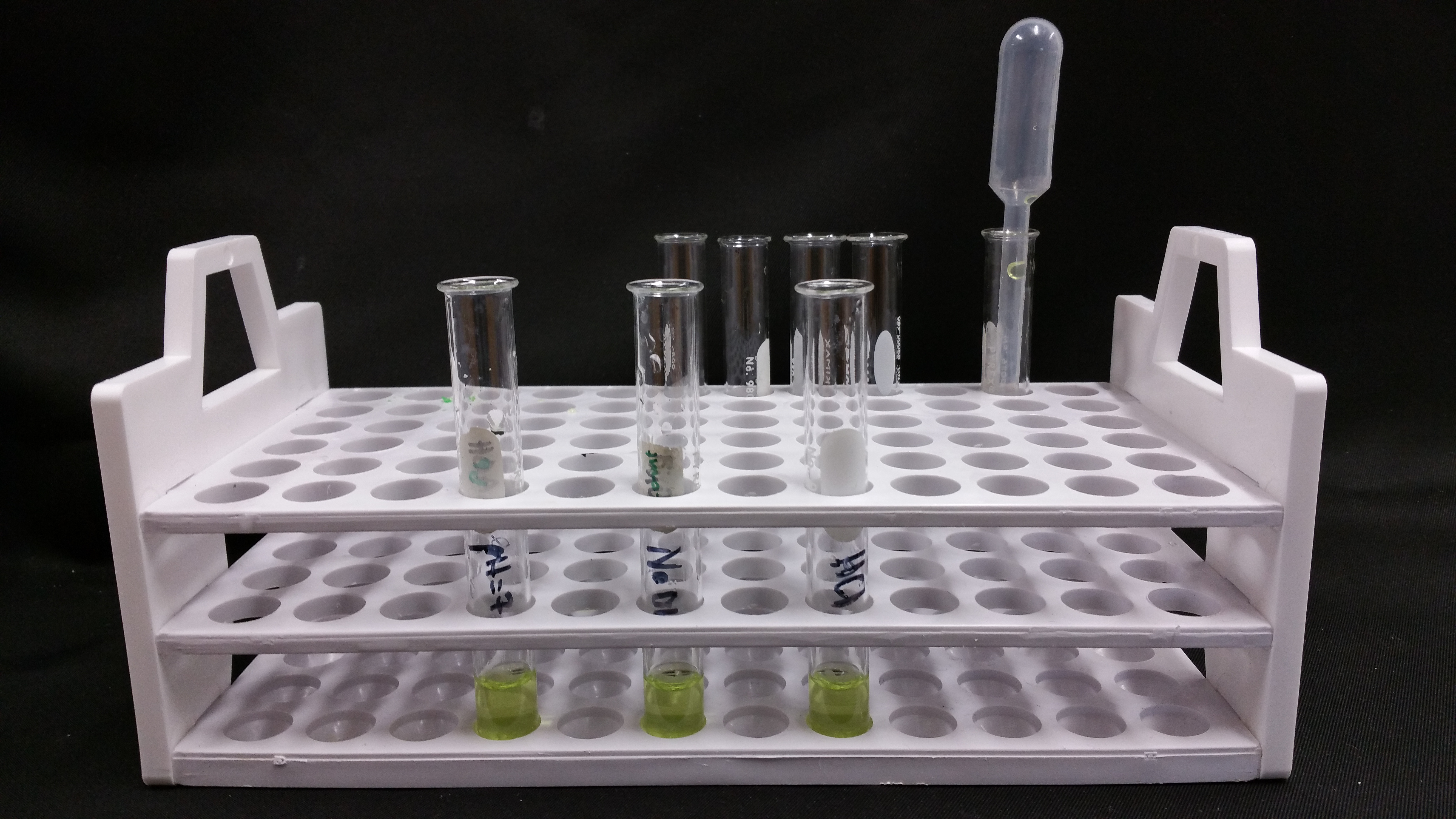 Test tube rack with multiple test tubes showing different reaction products.