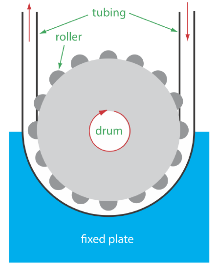 The peristaltic pumpconsists of a fixed plate with a spinning drum within it. The drum is surrounded by rollers which roll through the tubing around them.