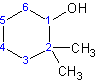 Cyclohexane with a hydroxyl group on the carbon labeled "1" and two methyl groups on the carbon labeled "2".