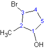 Cyclopentane with a hydroxyl group on the carbon labeled "1", a methyl group on the carbon labeled "2", and a bromine on the carbon labeled "3".