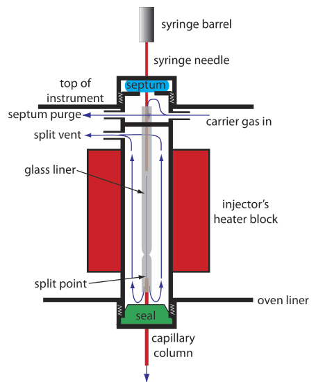 Schematic diagram of a split/splitless injection port for use with capillary columns. The needle pierces a rubber septum and enters into a glass liner, which is located within a heater block. In a split injection the split vent is open; the split vent is closed for a splitless injection.