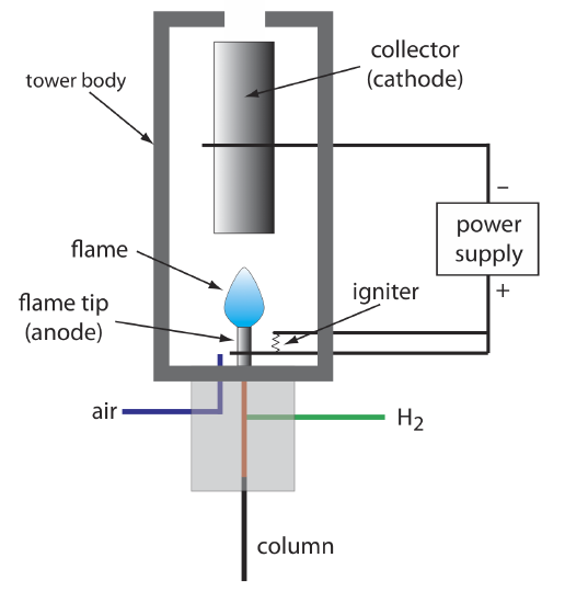 The flame ionization detector consists of a column, H2 line, air line, flame tip (anode), igniter, flame, power supply, tower body, and collector (cathode).