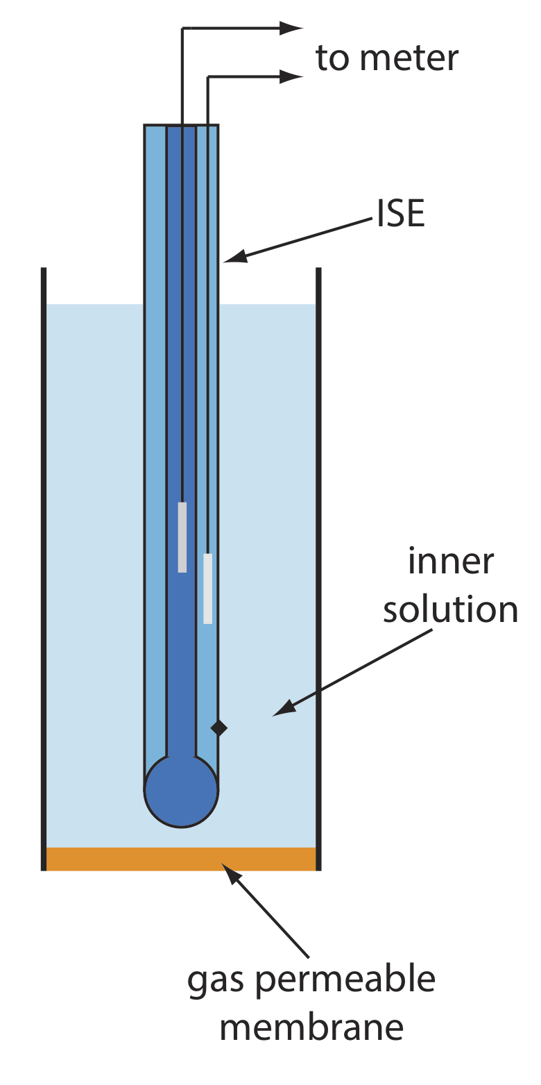 El electrodo consiste en una membrana permeable a los gases, solución interna, ISE y conduce a un medidor.