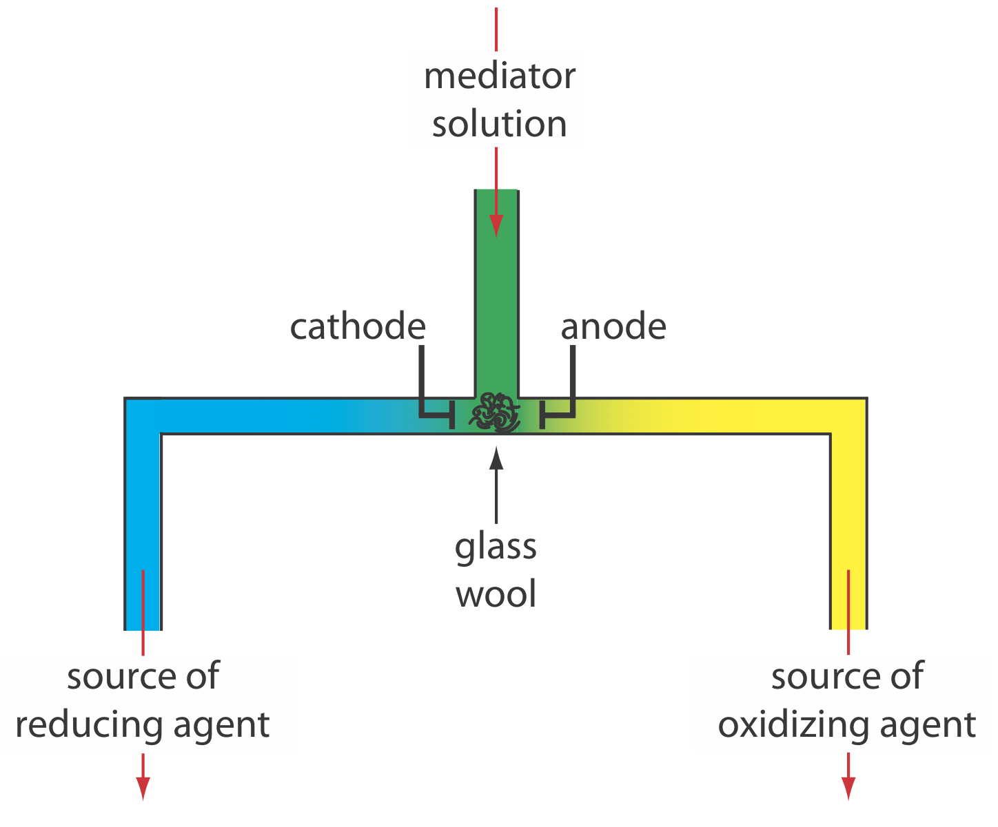 La solución mediadora fluye hacia una tubería que tiene lana de vidrio en la horquilla. A la izquierda está el cátodo que luego fluye hacia la fuente de agente reductor. El tubo derecho tiene el ánodo y fluye hacia la fuente del agente oxidante.