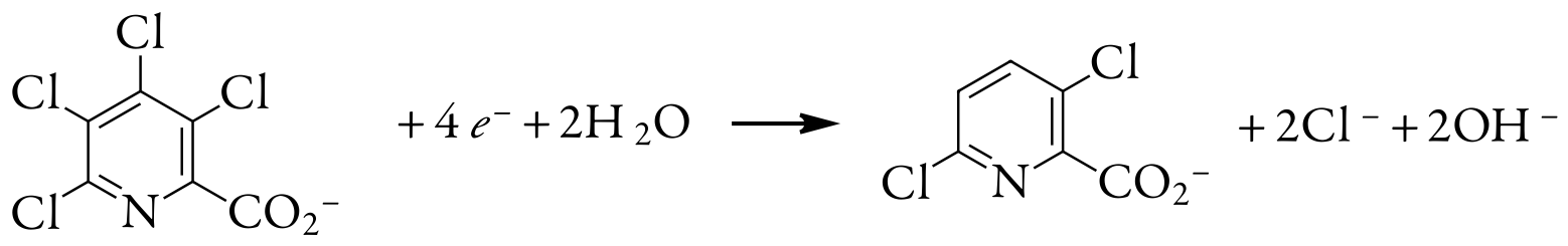 La reducción de una molécula de ácido tetracloropicolínico requiere cuatro electrones. Aquí se muestra la reacción global, que resulta en la formación selectiva de ácido 3,6-dicloropicolínico.