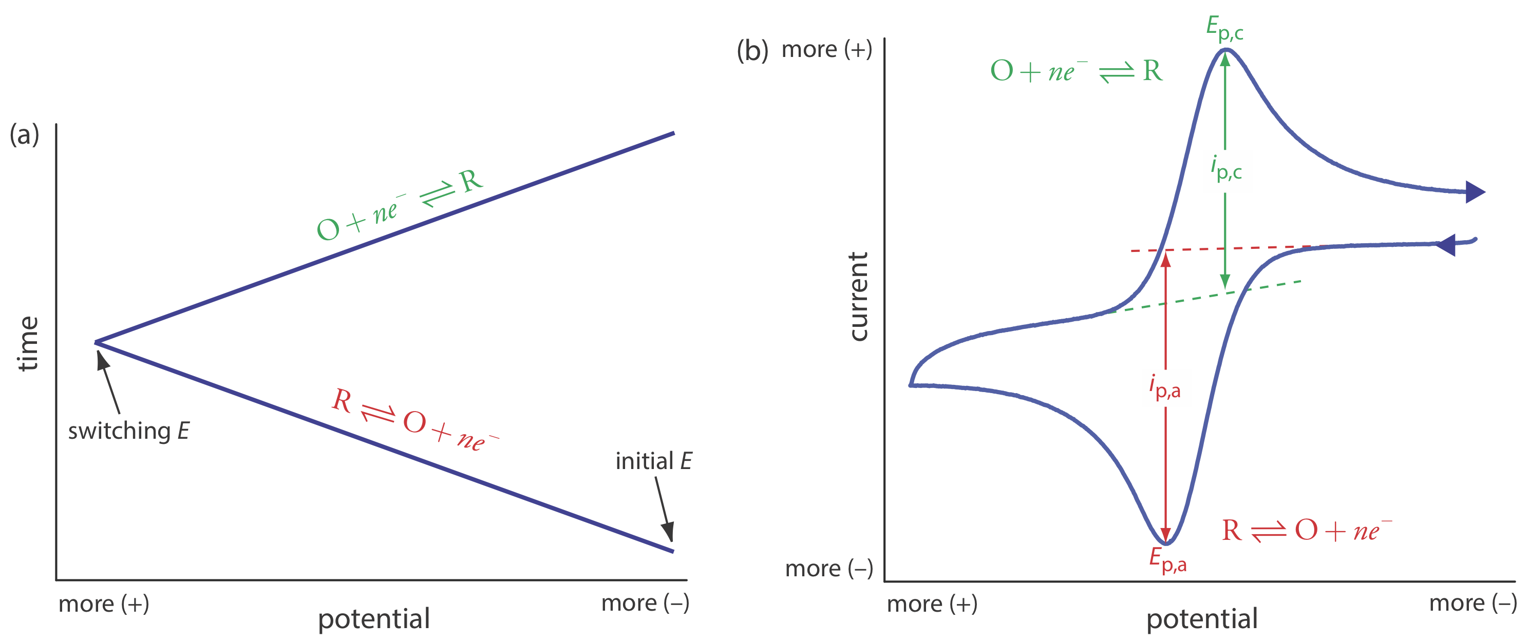 Details for cyclic voltammetry. (a) One cycle of the triangular potential-excitation signal showing the initial potential and the switching potential. A cyclic voltammetry experiment can consist of one cycle or many cycles. Although the initial potential in this example is the negative switching potential, the cycle can begin with an intermediate initial potential and cycle between two limits. (b) The resulting cyclic voltammogram showing the measurement of the peak currents and peak potentials.