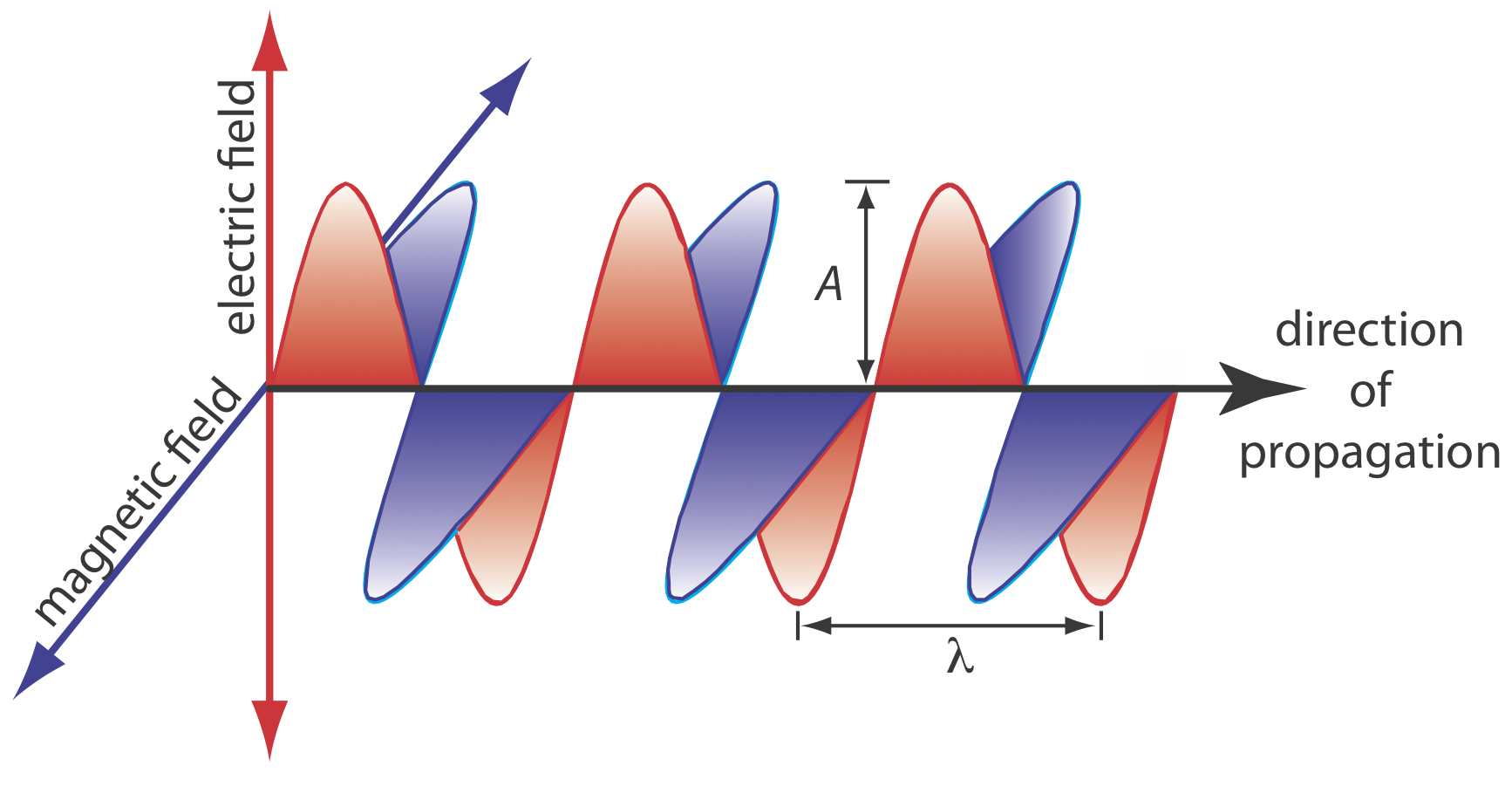 Radiación electromagnética polarizada en el plano que muestra el campo eléctrico oscilante y el campo magnético oscilante.