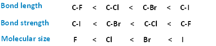 The following are listen in terms of increasing bond length when bound to carbon: fluorine, chlorine, bromine, and iodine. The following are listed in terms of increasing bond strength when bound to carbon: iodine, bromine, chlorine, and fluorine. The following are listed in terms of increasing molecular size: fluorine, chlorine, bromine, and iodine.