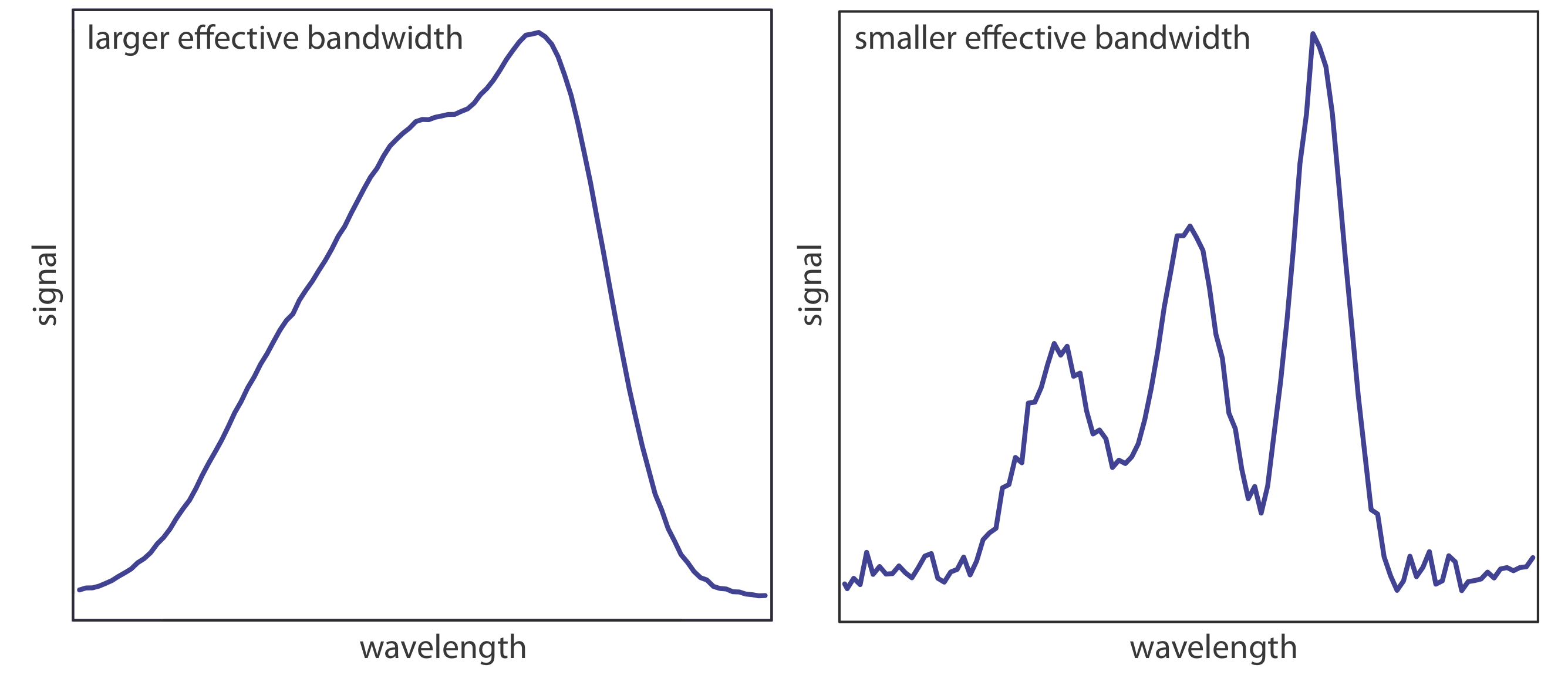 El efecto del ancho de banda efectivo de un selector de longitud de onda sobre la resolución y el ruido de un espectro.