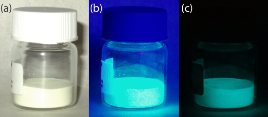 An europium doped strontium silicate-aluminum oxide powder under natural light, a long-wave UV lamp, and in total darkness.