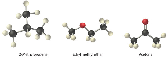 Molecular structures of 2-methylpropane, ethyl methyl ether, and acetone. 