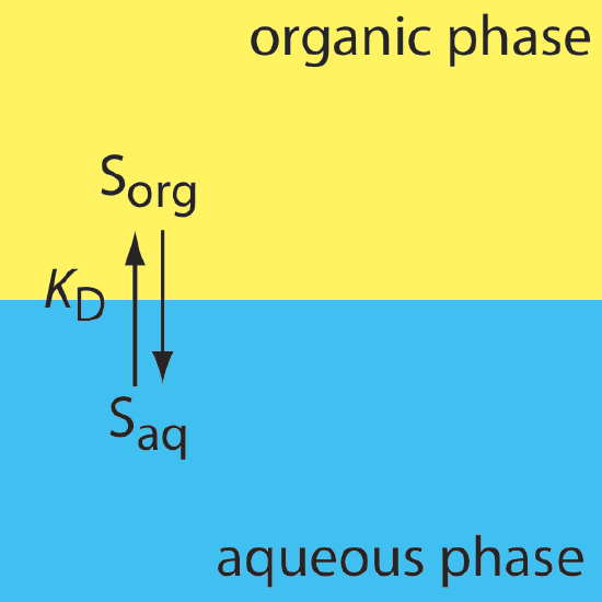 The distribution constant of this example is favorable for an organic extraction. The organic layer moves to sit atop the aqueous layer.