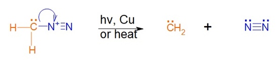 CH2N(+)N reacts with light and copper or heat to form CH2 and N2.
