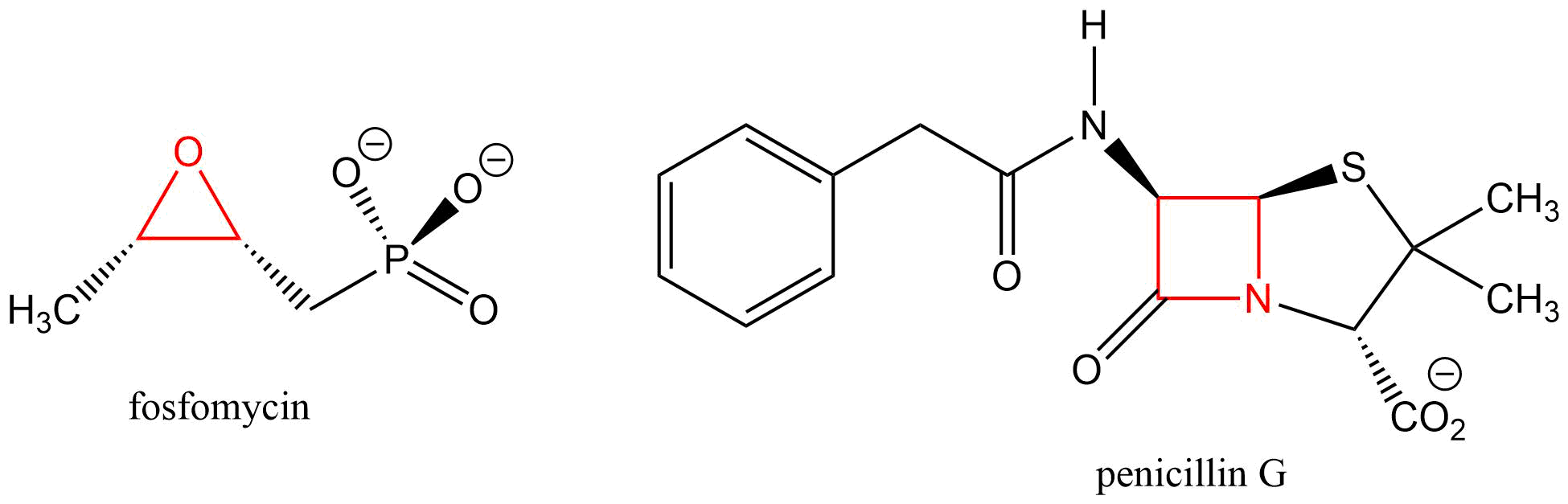 Izquierda: fosfomicina; incluye ciclopropano. Derecha: penicilina G; incluye ciclobutano.