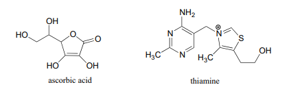 Izquierda: molécula de ácido ascórbico. Derecha: molécula de tiamina.
