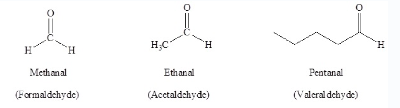 De izquierda a derecha: Metanal (formaldehído); etanal (Acetaldehído); pentanal (valeraldehído) .png